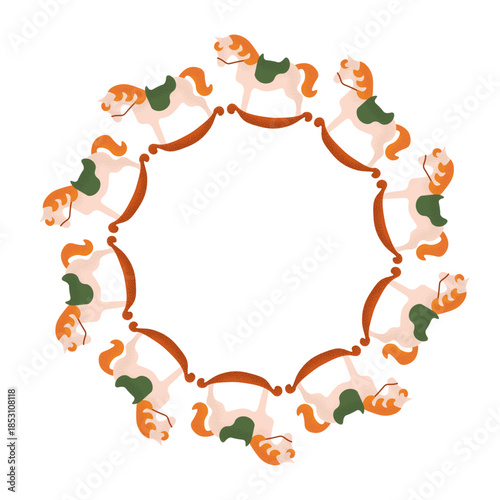 Cute round frame with vintage rocking horses. Classic holiday toy for Christmas design and nostalgic decor