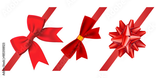 Gift card design template with red bow and ribbon. Vector set. Elements useful for shopping card, voucher, gift coupon