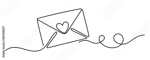 Continuous one line drawing of envelope with heart. Template for love cards and invitations. Love letter. Vector illustration. Editable stroke