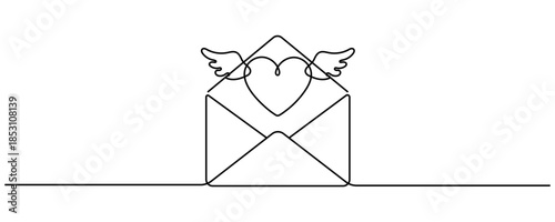 Continuous one line drawing of envelope with heart. Template for love cards and invitations. Love letter. Vector illustration. Editable stroke