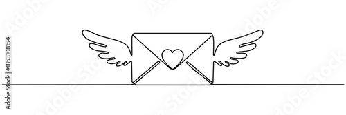 Continuous one line drawing of envelope with heart. Template for love cards and invitations. Love letter. Vector illustration. Editable stroke