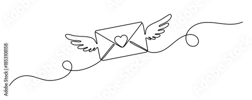 Continuous one line drawing of envelope with heart. Template for love cards and invitations. Love letter. Vector illustration. Editable stroke