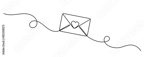 Continuous one line drawing of envelope with heart. Template for love cards and invitations. Love letter. Vector illustration. Editable stroke