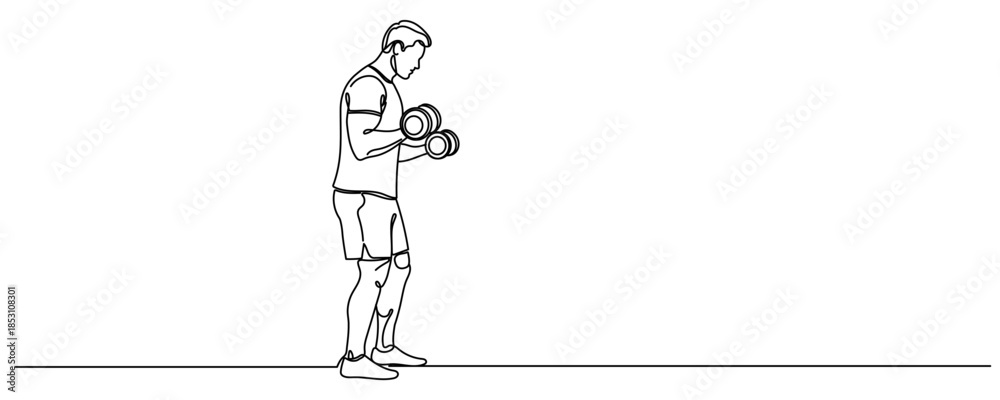 Naklejka premium One Line Drawing or Continuous Line Art of a guy with dumbbells. Vector Illustration Editable stroke