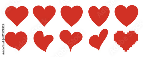 Heart set red icons, romantic unique different hearts drawn hand collection, eternal heart love bonds, relation, half hearts designs