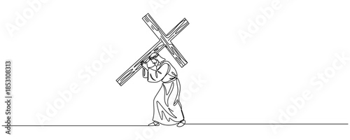 Continuous one line drawing of Jesus Christ carrying the cross- crucifix vector illustration Editable stroke