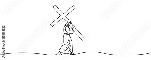 Continuous one line drawing of Jesus Christ carrying the cross- crucifix vector illustration Editable stroke