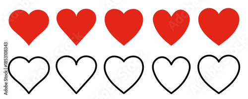 Heart set red icons, romantic unique different hearts drawn hand collection, eternal heart love bonds, relation, half hearts designs