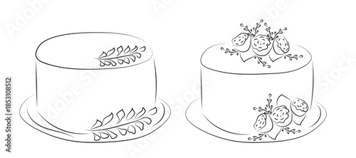 Elegant line art of two decorated cakes on plates. Minimal dessert illustration perfect for coloring pages, pastry logos, bakery branding and recipe book design