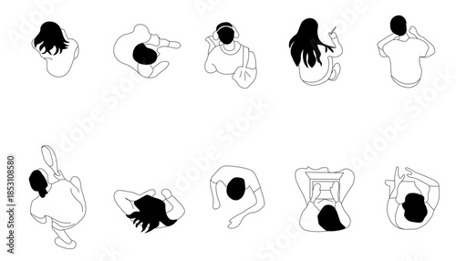 Set of 10 people silhouettes - top view line art for CAD floor plans