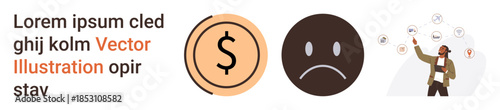 Financial challenges, emotional stress, business planning, problem-solving, decision-making, success strategies. with a dollar symbol, sad face and businessperson pointing at icons. Financial
