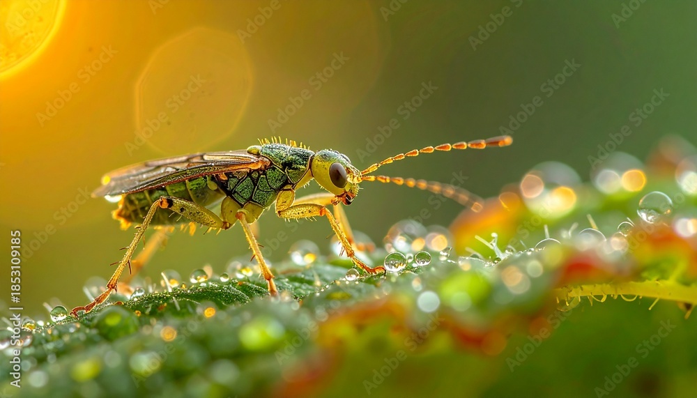 Naklejka premium Macro nature scene of a tiny insect perched on a dew-covered leaf. Great for wildlife, nature, ecology, and education visuals.