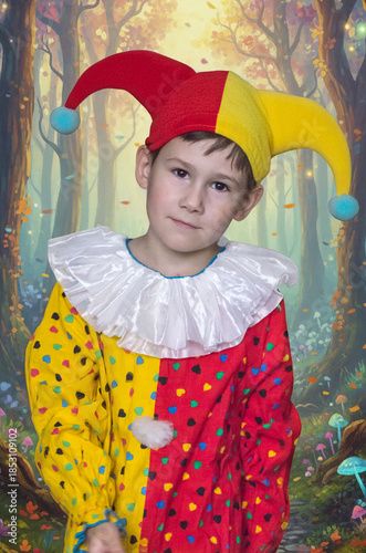 A boy in a bright jester costume and a two-tone hat with bells poses against the backdrop of a circus tent decorated with garlands