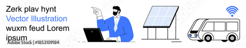 Remote work, green energy, connectivity, sustainability, public transport, technology advancement. Person at laptop, solar panel wireless-enabled bus. Remote work and green energy initiatives