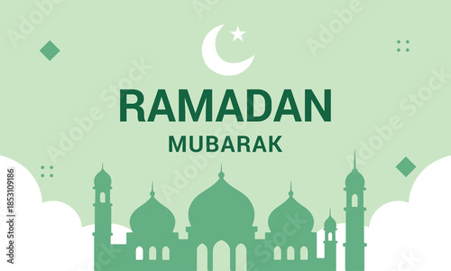 Ramadan Mubarak greeting card with mosque silhouette and crescent moon