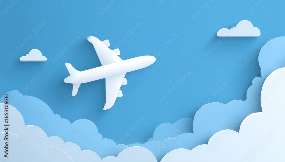 Naklejka premium A sleek vector illustration of a jet airliner flying through white clouds in a blue sky, symbolizing aviation travel and business transportation with a modern silhouette design.