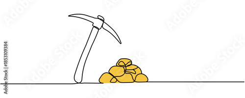 Continuous line drawing miner's pickaxe and gold. Editable stroke