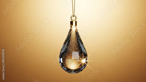 Sparkling teardrop shaped christmas ornament with glittering specks and warm glow on golden background