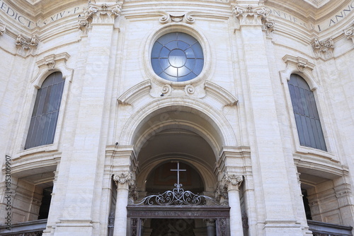 Santa Croce in Gerusalemme Basilica Facade Detail with Entrance in Rome, Italy