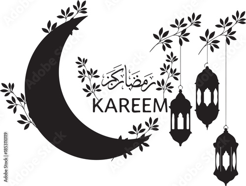 Ramadan Kareem Silhouette with Moon and Hanging Lanterns Vector