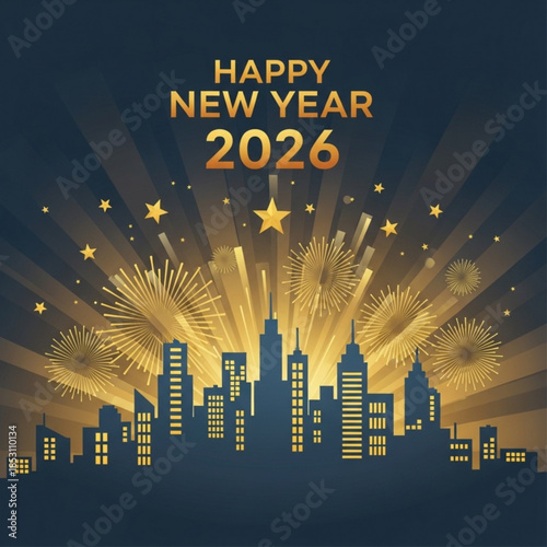 New Year City Celebration: a captivating visual of a cityscape illuminated by vibrant fireworks displays, stars, and celebratory typography, all converging to usher in the new year.