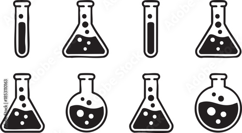 Laboratory chemical flasks icon set. Erlenmeyer, alchemy symbol. Editable trike. Vector illustration.