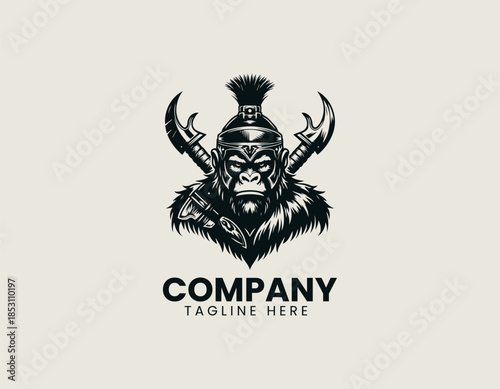 Ape warrior character is depicted as a powerful primal symbol in a bold black vector logo illustration