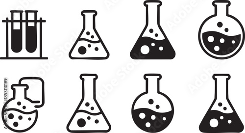 Laboratory chemical flasks icon set. Erlenmeyer, alchemy symbol. Editable trike. Vector illustration.