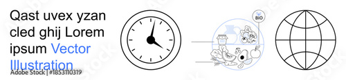 Time management, sustainability, global connections, organic products, environmental impact, healthy choices. Clock, globe and organic food elements with BIO symbol. Time management