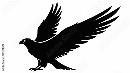 Majestic eagle silhouette with wings spread in flight against a stark background