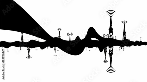 Abstract waveform of communication towers and signals symbolizing connectivity and technology