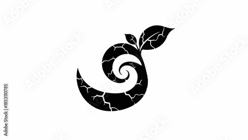 Abstract black spiral symbol with textured cracks and green leaves, representing growth and nature.