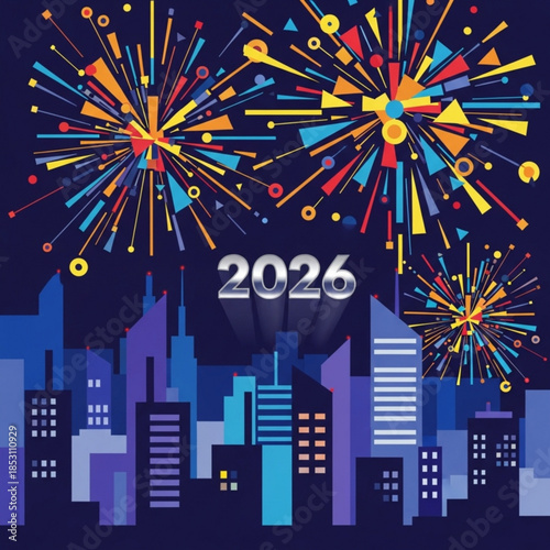 New Year Fireworks Display: The city skyline is illuminated by vibrant fireworks, as the year 2026 is announced in a celebratory display of hope and new beginnings.