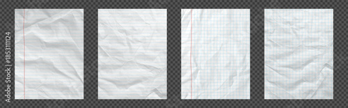Set of paper background with blue grid line pattern and crumpled texture. Realistic notebook design for craft scrapbook, school education collage soft fold details on like transparent png bg. Vector