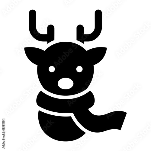 Minimalist Black Reindeer Icon with Scarf and Antlers on White