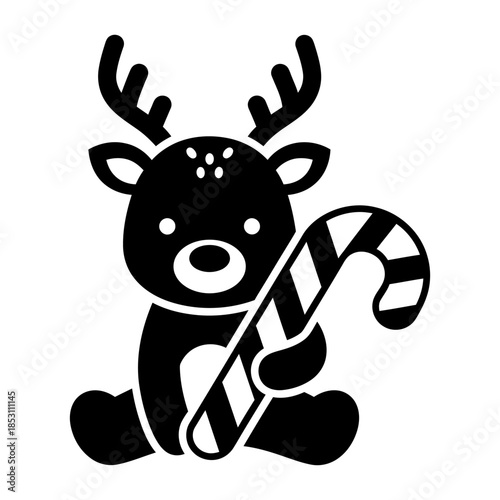 Cute Minimalist Reindeer Holding Christmas Candy Cane Black White Icon