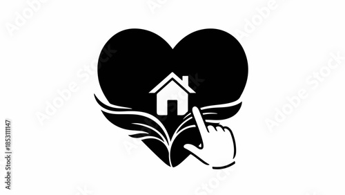 Hand pointing to a house inside a heart with wings, symbolizing home care and love.