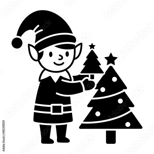 Black and White Silhouette of Elf Decorating Christmas Tree
