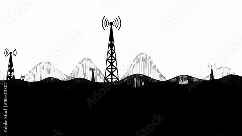 Silhouette of communication towers against a backdrop of rolling hills and a clear sky