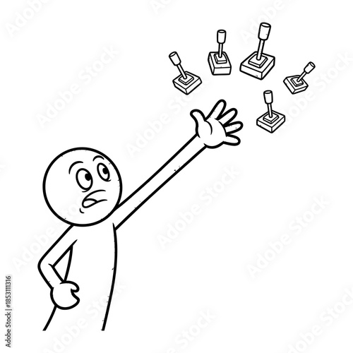 Cartoon Stick Figure Reaching for Floating Gear Shifters