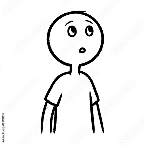 Simple Black and White Cartoon Character with Wide Eyes and Open Mouth