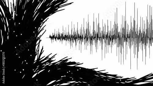 Abstract representation of sound waves and abstract dark shapes with small white dots, suggesting data or energy.