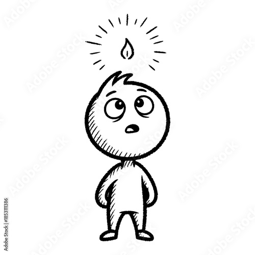 Hand-drawn cartoon figure with glowing idea flame above head