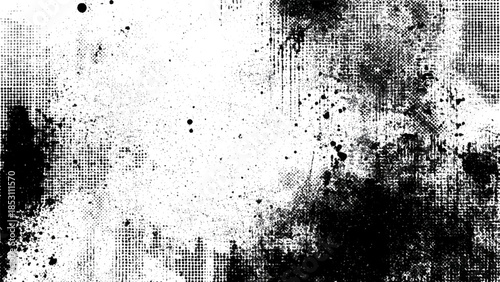 Black and white grunge texture with splatters and halftone dots
