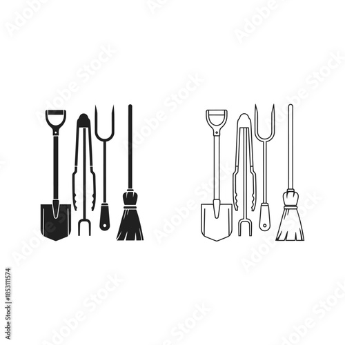 Grilling and Garden Tools Set, Black Silhouette and Outline Icons