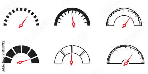 Diverse set of performance indicators: speedometer, dashboard, and level gauge icons