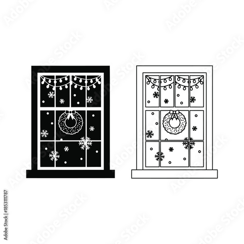 Holiday Window Silhouette and Line Art with Lights, Snowflakes, and Wreath