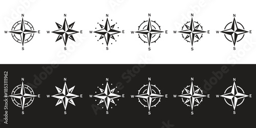 Compass logo. Black compass icons. East, West, North and South
