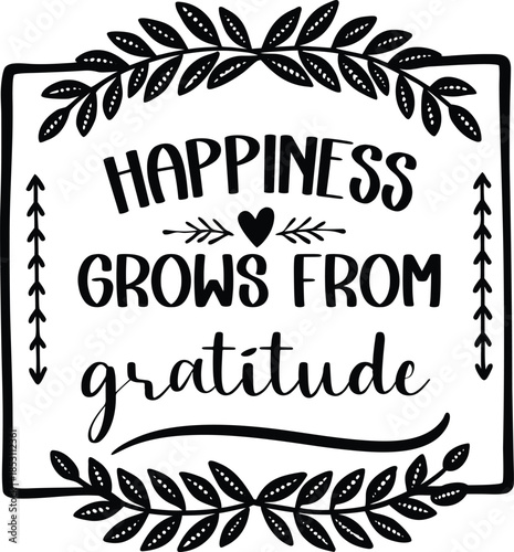 Black framed quote Happiness Grows From Gratitude on white background border decorative