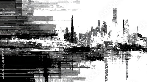 distressed cityscape with glitch effects